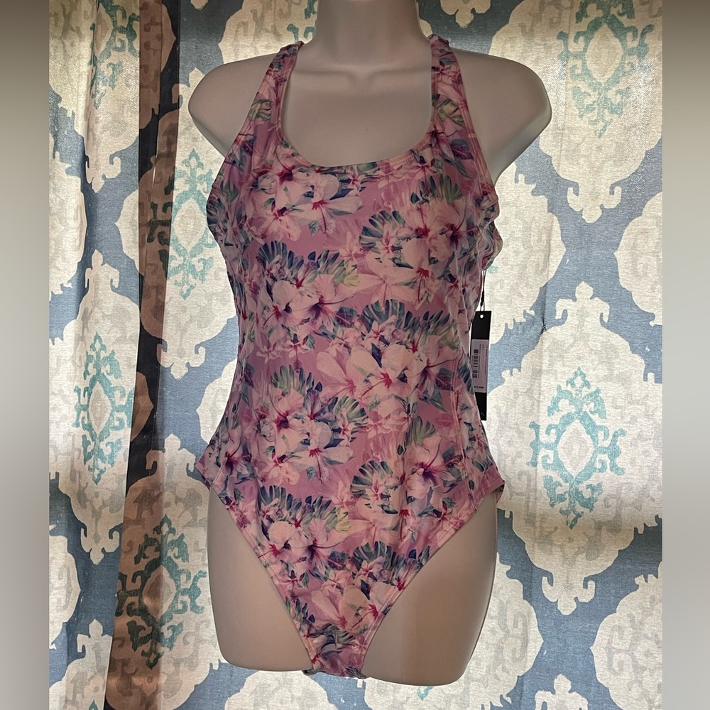 Nicole Miller Purple Cabana Hibiscus Print Racerback Swimsuit Size Large NWT